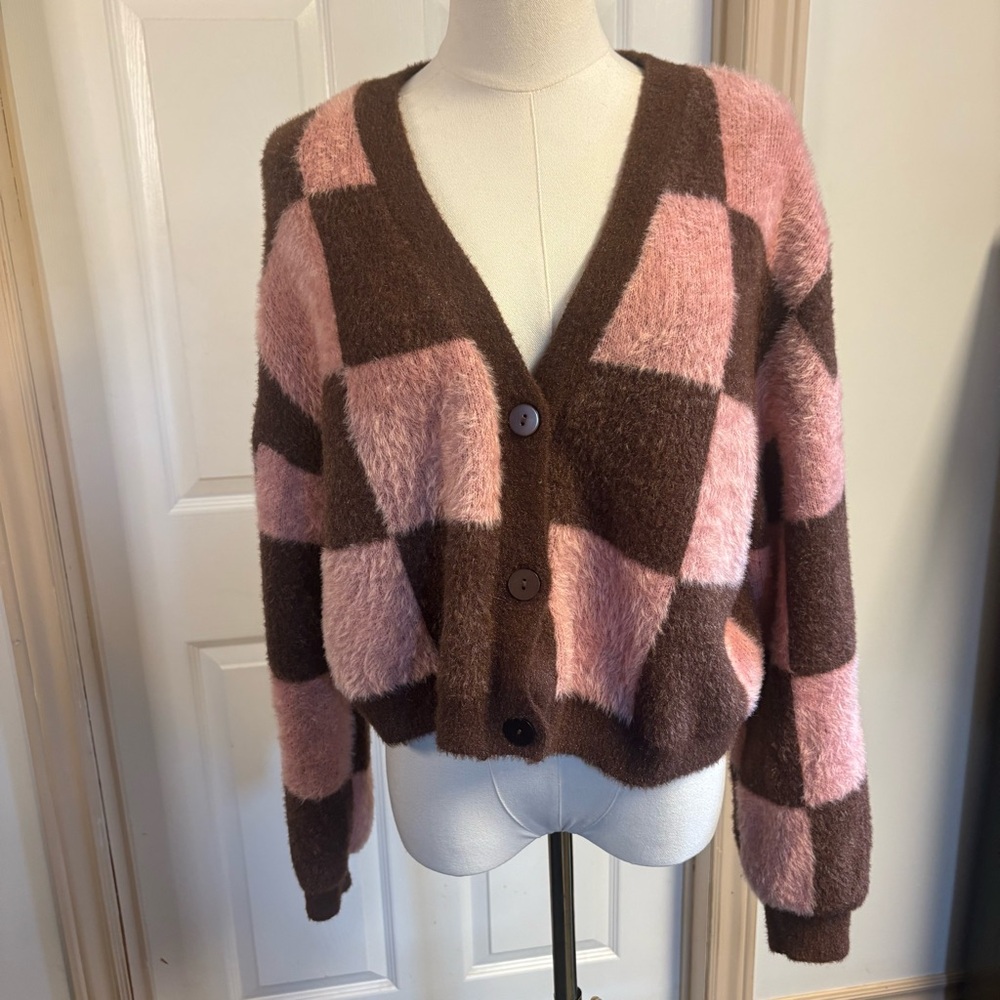 Almost Famous Fuzzy Pink and Brown Cardigan